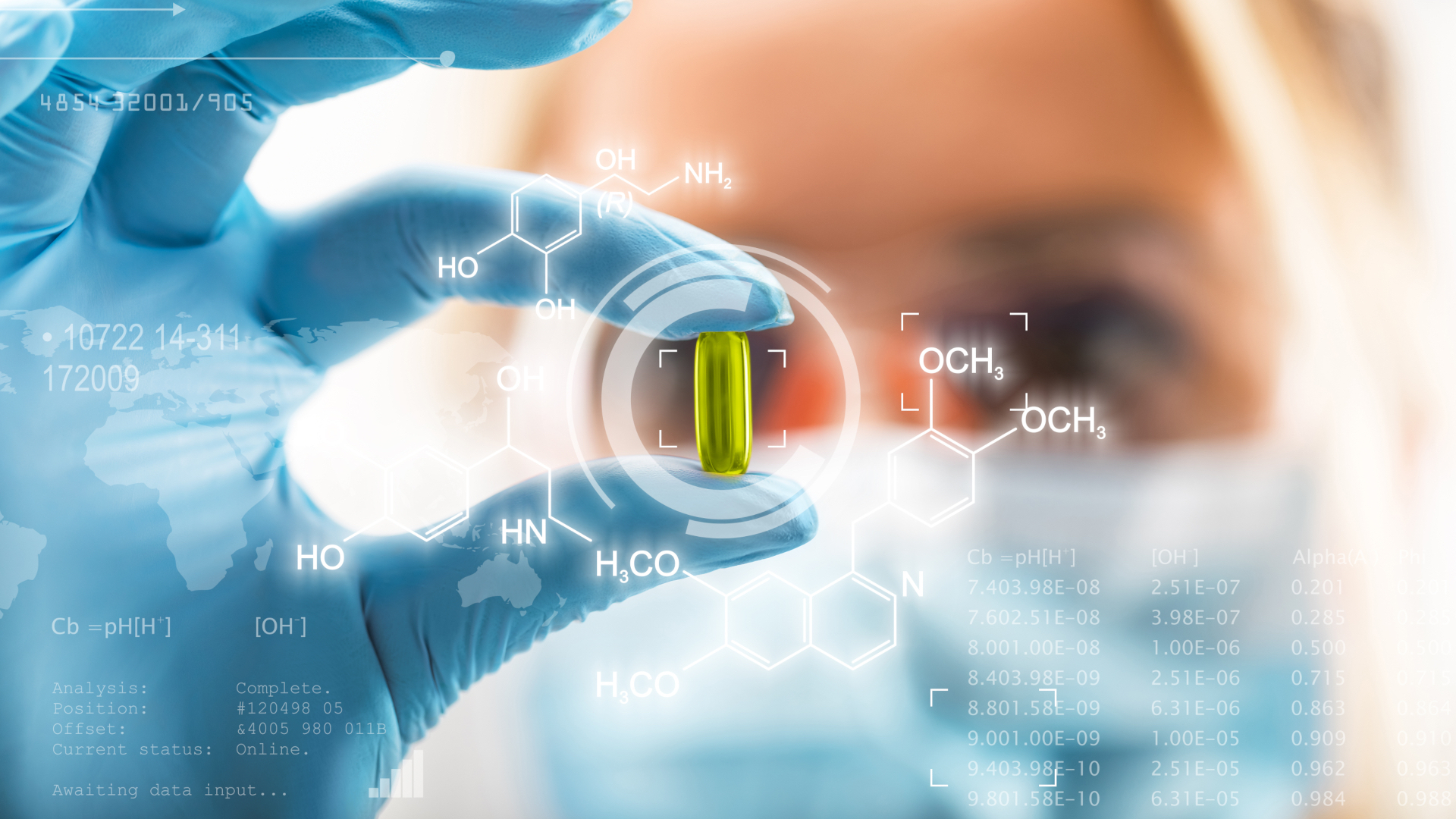 Woman inspects pill with illustrative chemical formulae