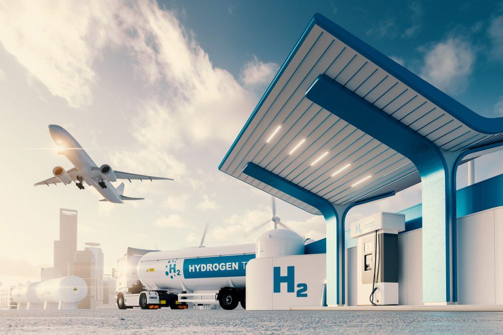 Wasserstoff Station mit Truck und Flugzeug