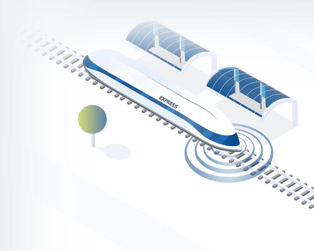 Illustration: einfahrender digitaler Zug in den Bahnhof