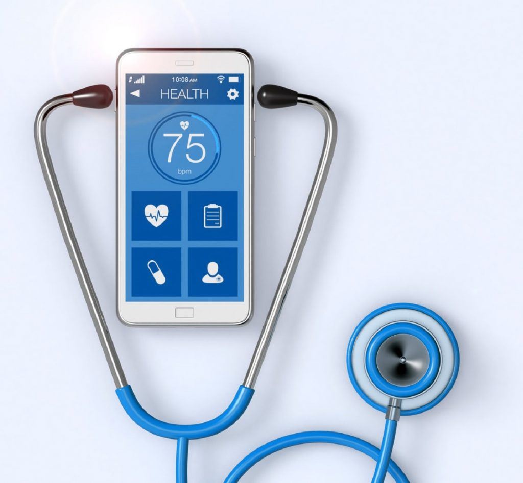 Smartphone mit Gesundheitsapp und Stethoskop