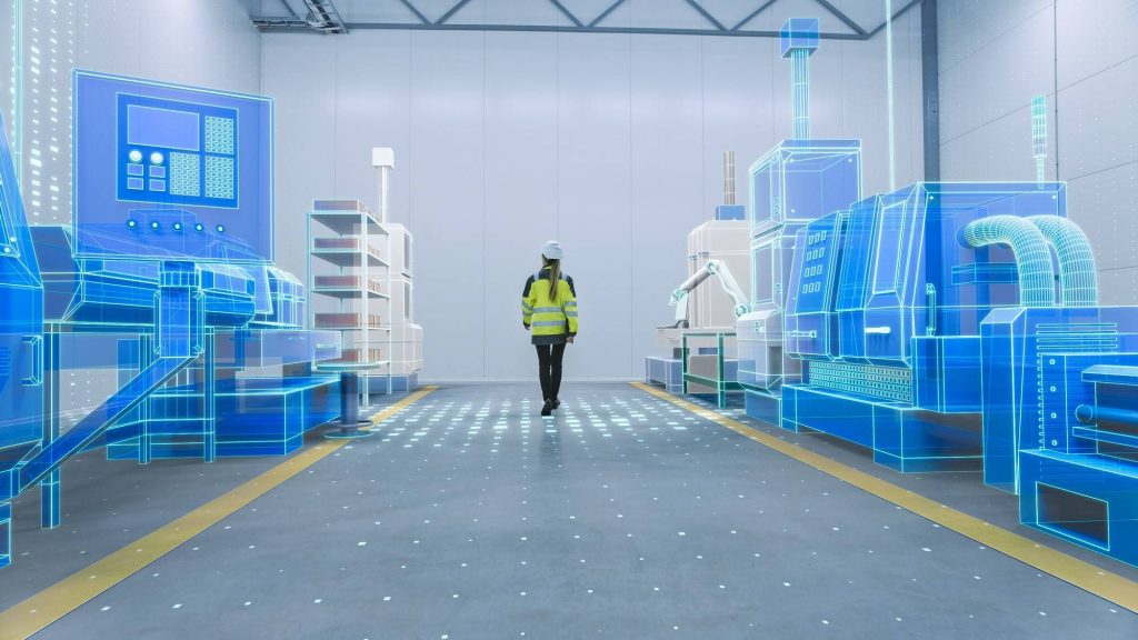 Woman walking through a digital production line