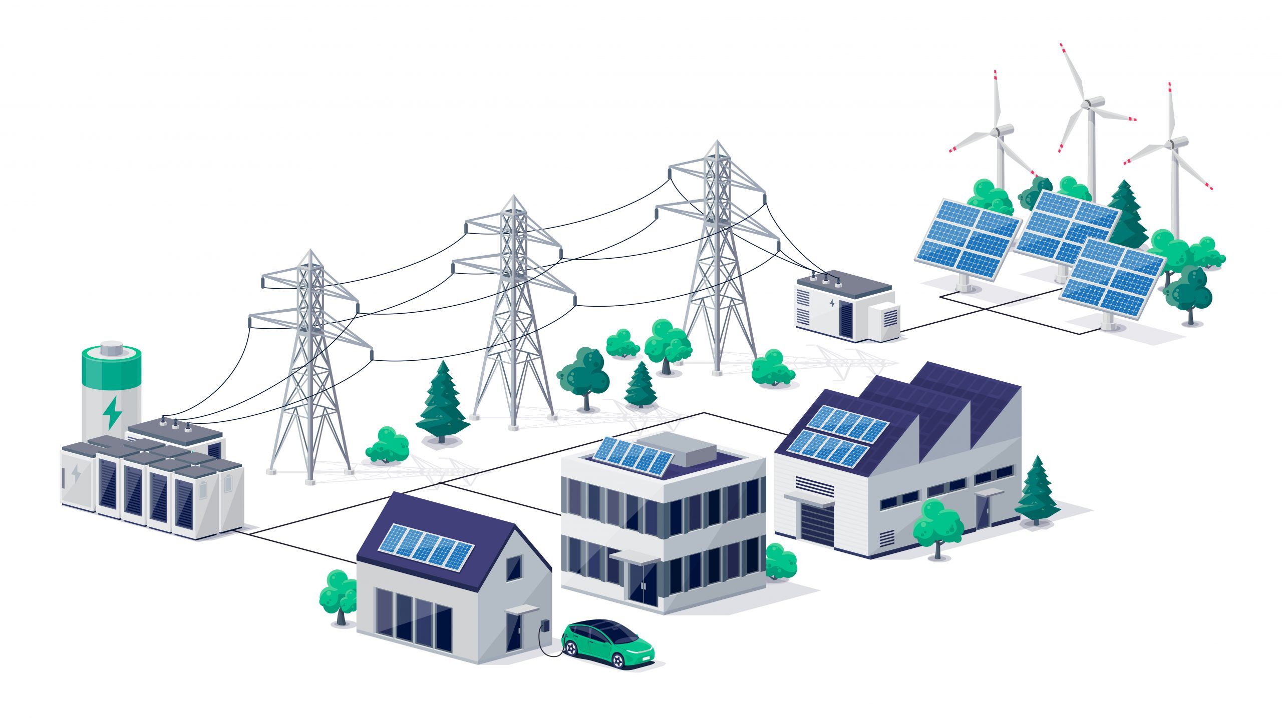 Infographic of a smart virtual battery energy storage network with house office factory buildings, renewable solar panel plant station, wind and high voltage electricity distribution grid pylons, electric transformer.