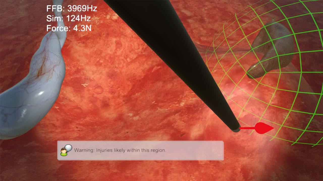 Aufnahme von der virtuellen Simulation einer Weichgewebeuntersuchung mit haptischem Feedback.