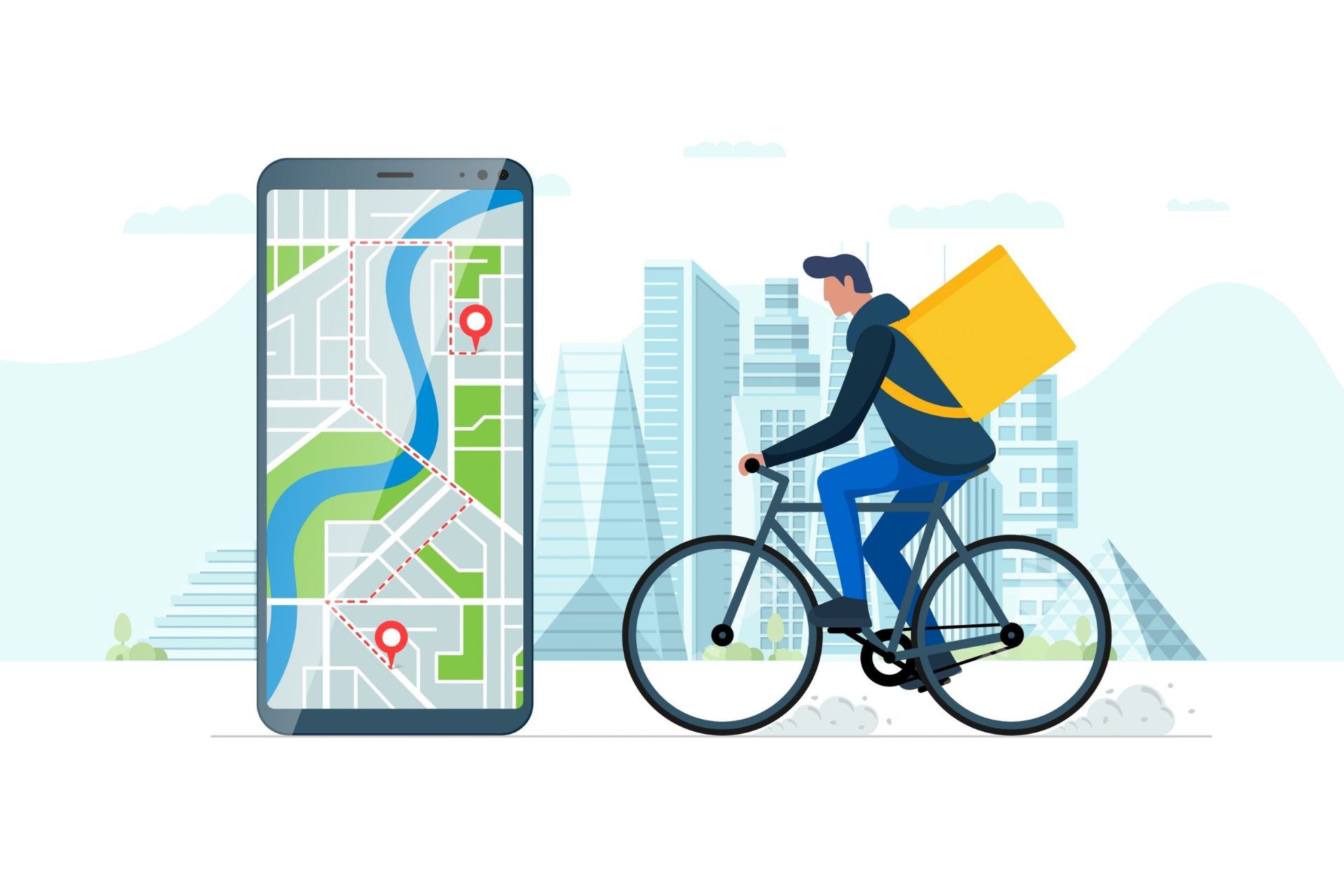 App auf Smartphone und Routenplanung für Fahrrad-Lieferdienst