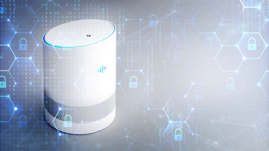 Intelligent voice-controlled assistant for the home with cyber security symbol.