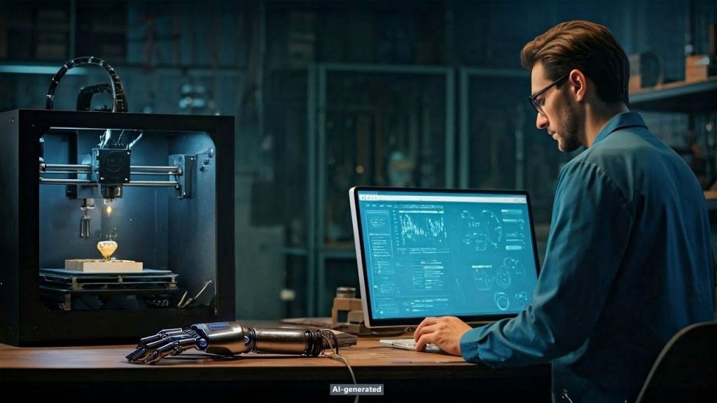 Early testing of embedded AI functionalities: Engineers working on a 3D printer to create prototypes and validate them.