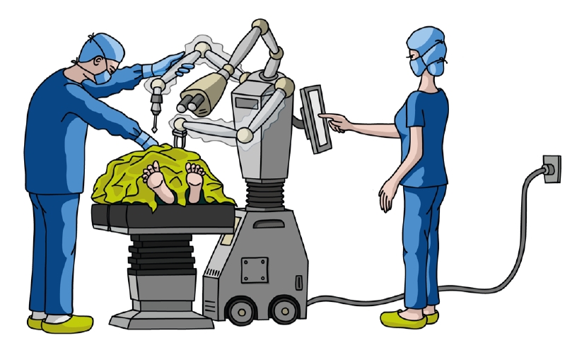 Illustrated surgical robot with medical staff in the operating room