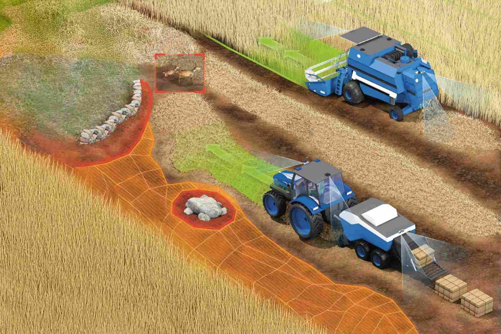 Grafische Illustration von Traktor und Mähdrescher auf einem Kornfeld mit Umfelderkennungsvisualisierung.