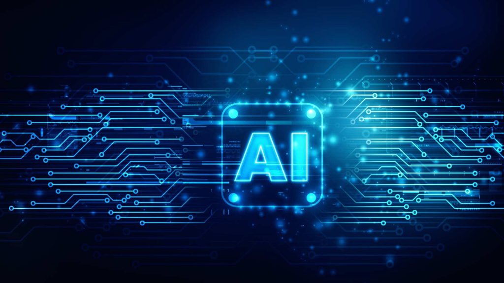 Visualization of light blue connecting lines with AI lettering in the middle on a dark background.