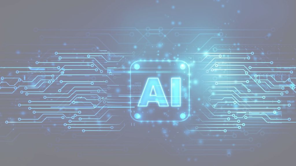 Visualisierung hellblauer Vernetzungslinien mit AI Schriftzug in der Mitte auf dunklem Hintergrund.
