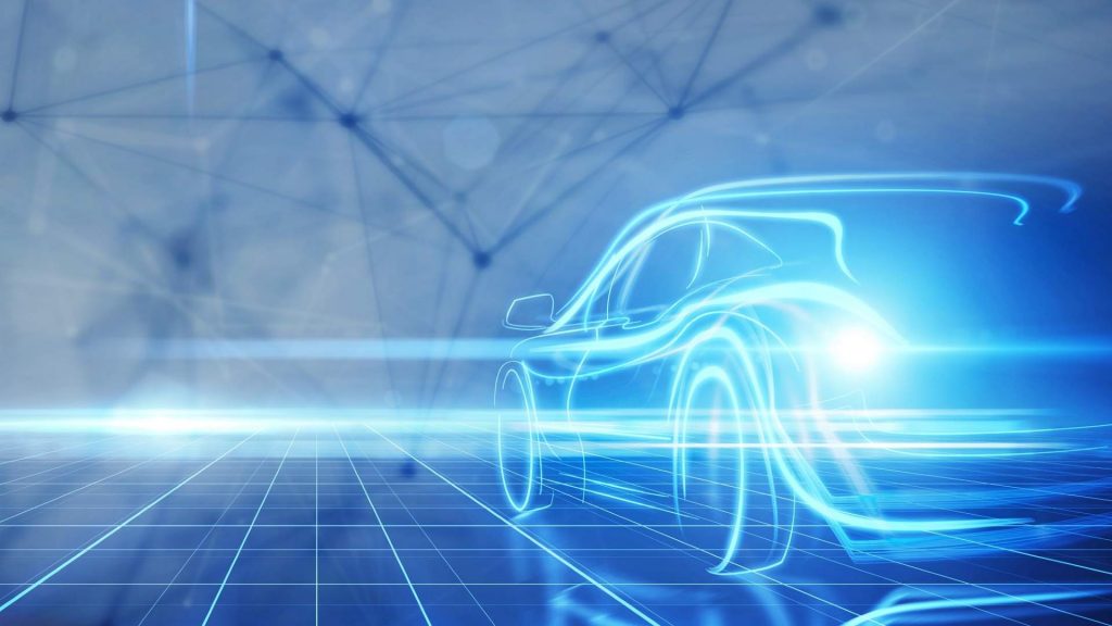 Visualization of a car, the outline formed by blue lines.