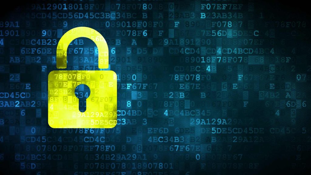 Green cyber security lock symbol on a dark background with numbers and letters.