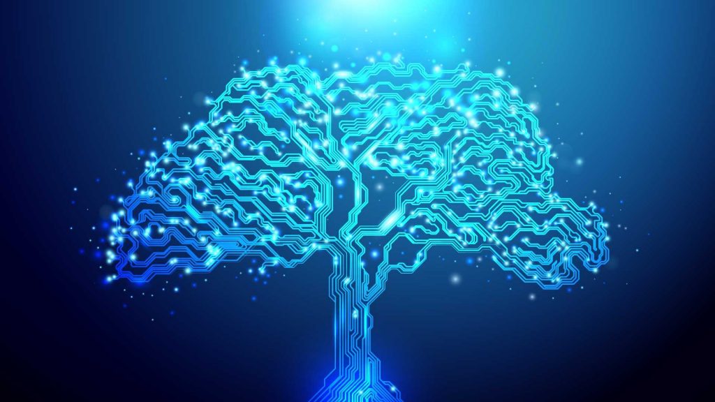 Blue tree made of digital connecting lines as a symbol for fault tree analysis.