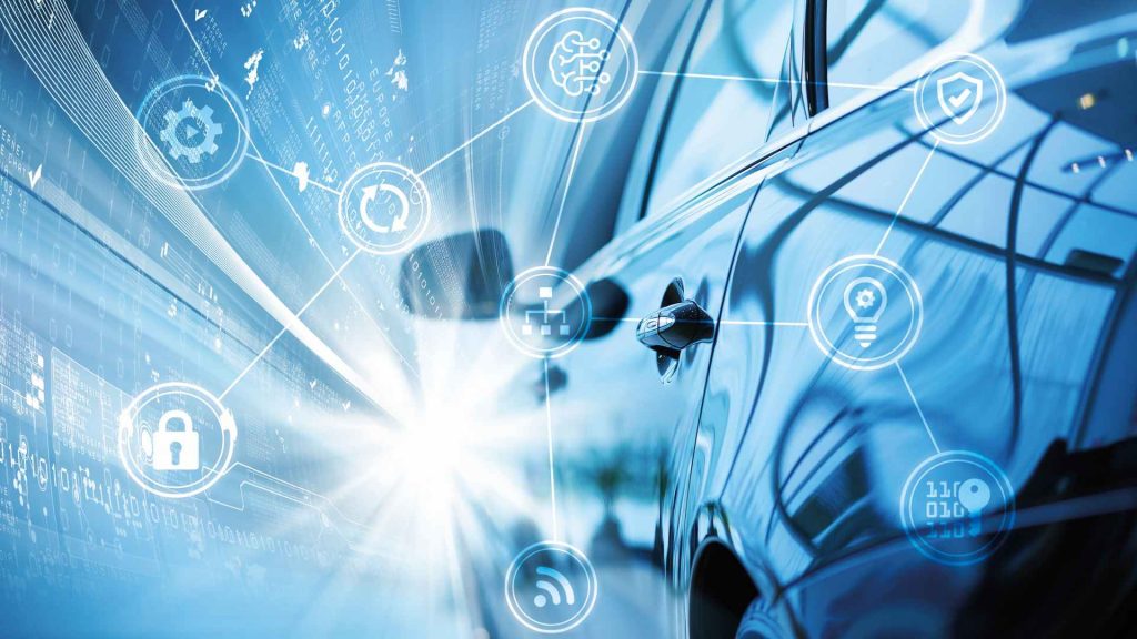 Car with symbols for functional safety, security, and AI, representing advanced technology in the automotive sector.