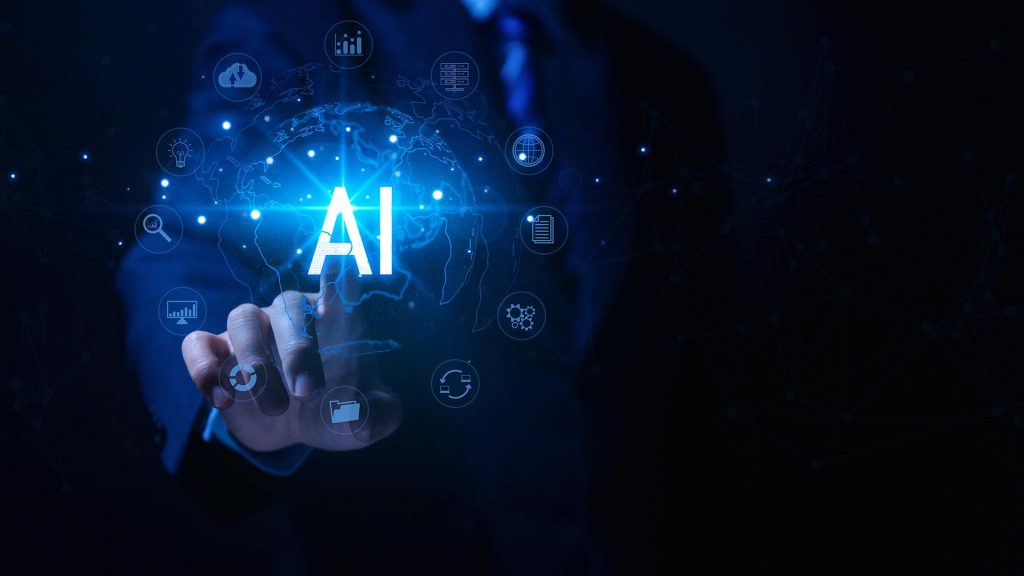 An executive interacts with an AI icon in front of a dark background, illustrating the role of AI in business.