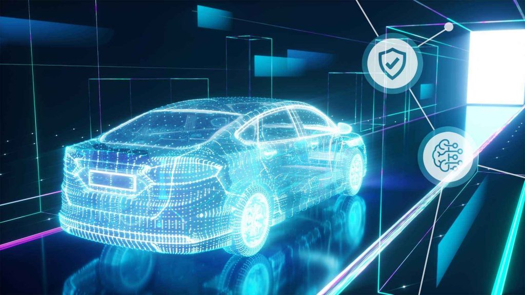 Digitally visualized car with symbols for functional safety and AI.