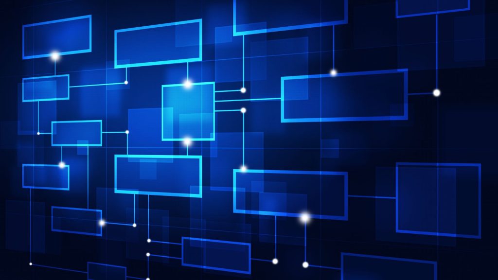 Visualization of geometric shapes and connecting lines on a blue background, representing the concepts of model-based software development.