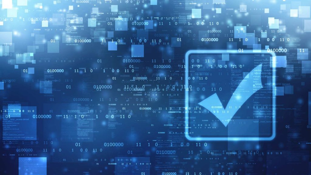 Blue check mark on background with code symbolizing requirements engineering.
