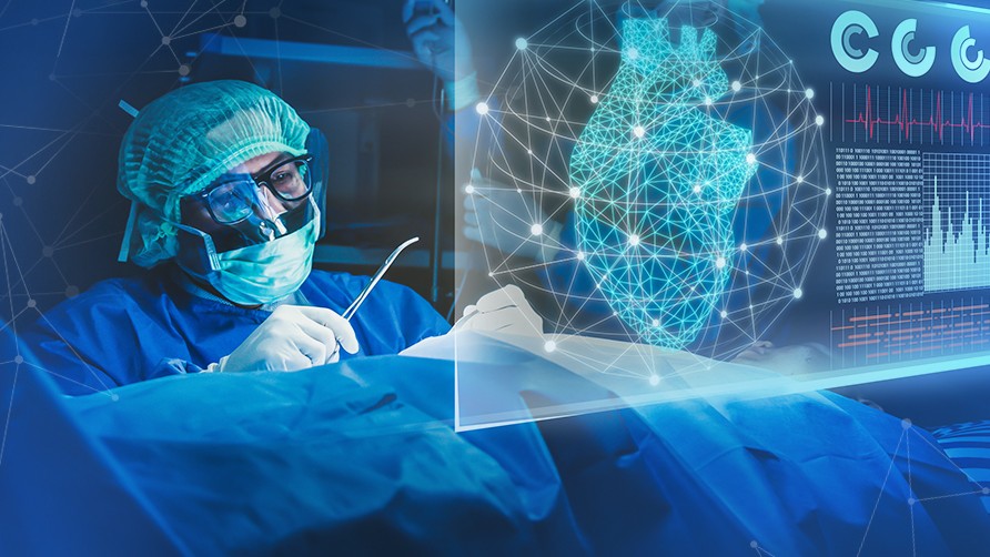 Doctor in the operating room with gloves, surgical instruments, and digital data.