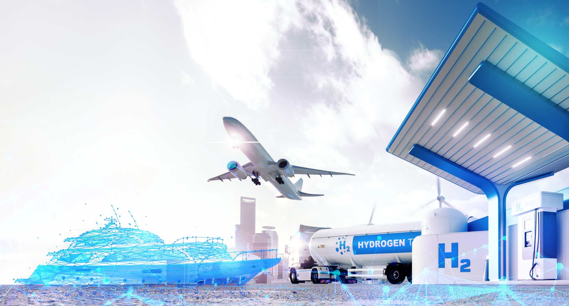 Hydrogen tanks with truck, airplane, and digital ship