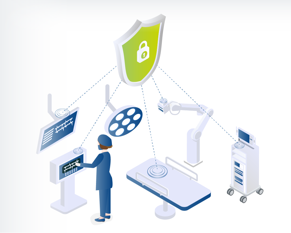 Illustration of an operating room with a cybersecurity symbol connected to surgical equipment, displays, robots, and an operating table.