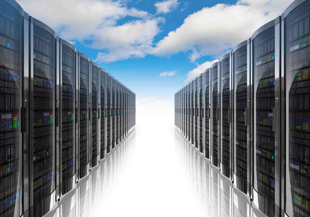 Data processing center servers under a blue sky to represent ITK Engineering's cloud technologies, that enable data-driven innovation in the mobility sector.
