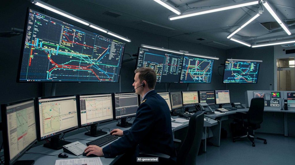 Mitarbeiter mit Headset überwacht ein digitales Stellwerk auf mehreren Monitoren. [KI-generiert]