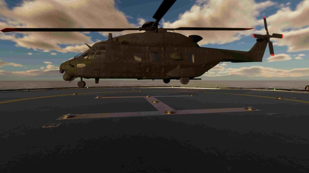 Modern military helicopter simulation on a take-off and landing platform