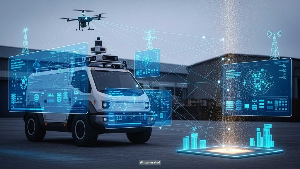 An autonomous vehicle equipped with sensors and a drone collaborating. Blue augmented reality displays visualize data, symbolizing IoT connectivity and AI-powered monitoring.