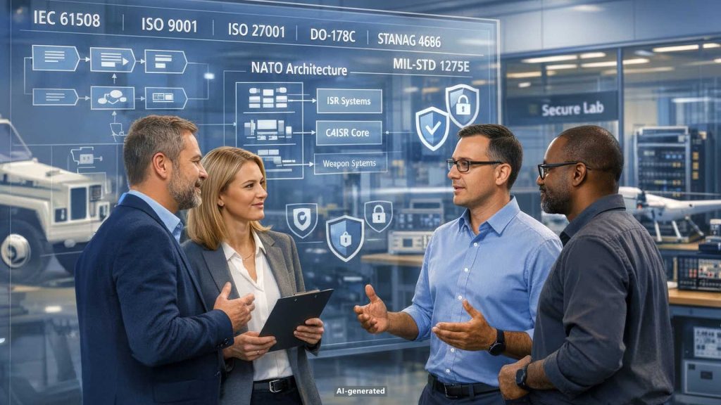 Four subject matter experts, two men and two women, discussing in a professional setting. An augmented reality overlay above them displays key certification standards like IEC 61508, ISO 9001, ISO 27001, DO-178C, STANAG 4686, and MIL-STD 1275E, along with NATO Architecture diagrams.