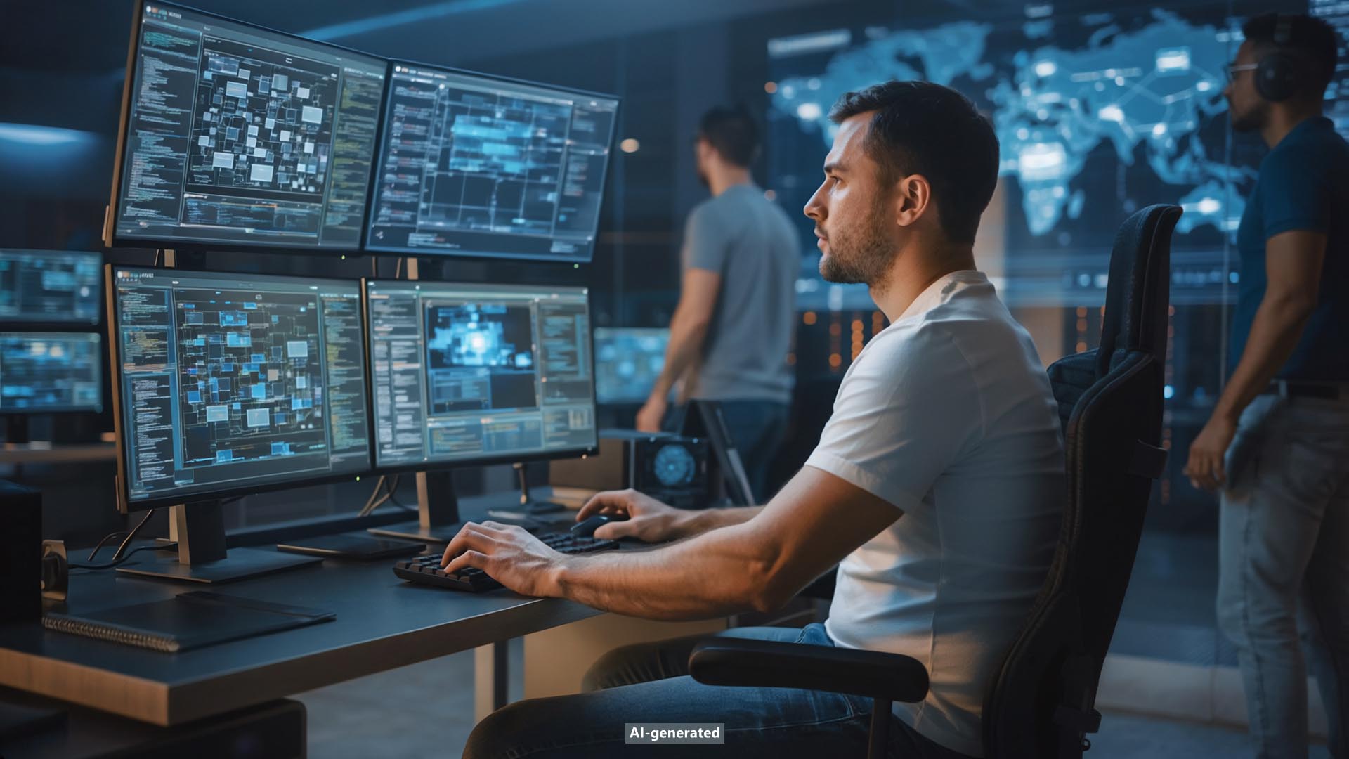 A software developer works at a multi-monitor computer displaying code and data visualizations in command center. In the background, other colleagues and a large world map with data points are visible.