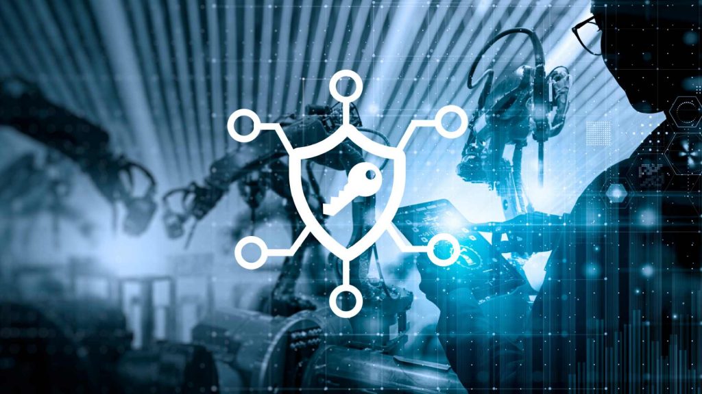 Produktionsanlage mit Roboterarmen und Cyber Security Symbol im Vordergrund