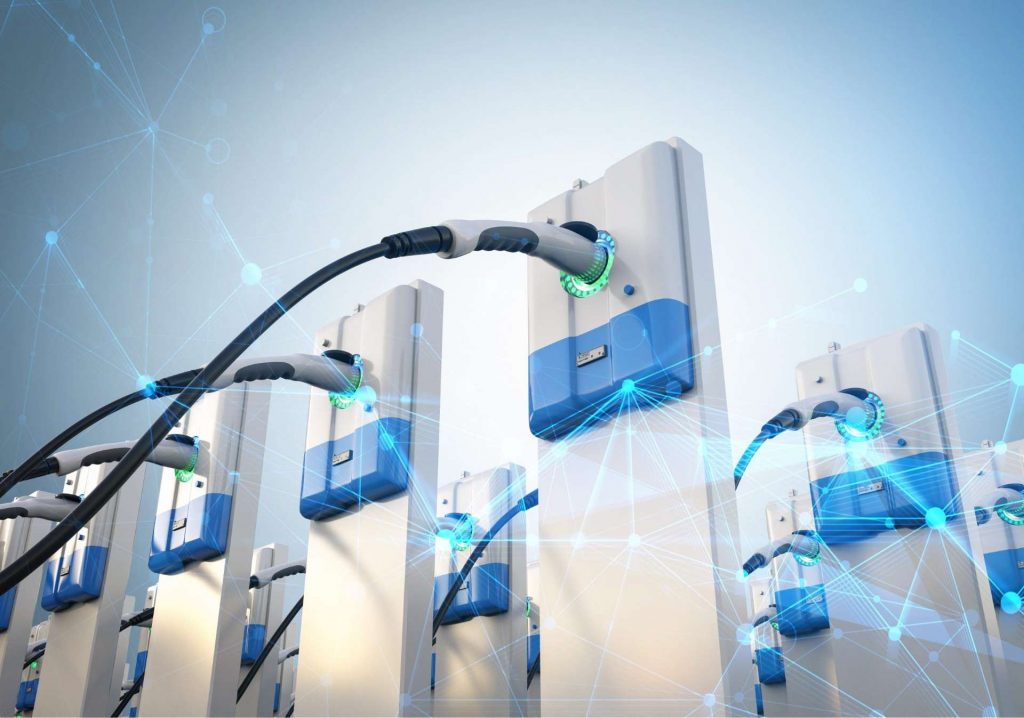 3D rendering group of electric vehicle charging stations or electric vehicle charging points.