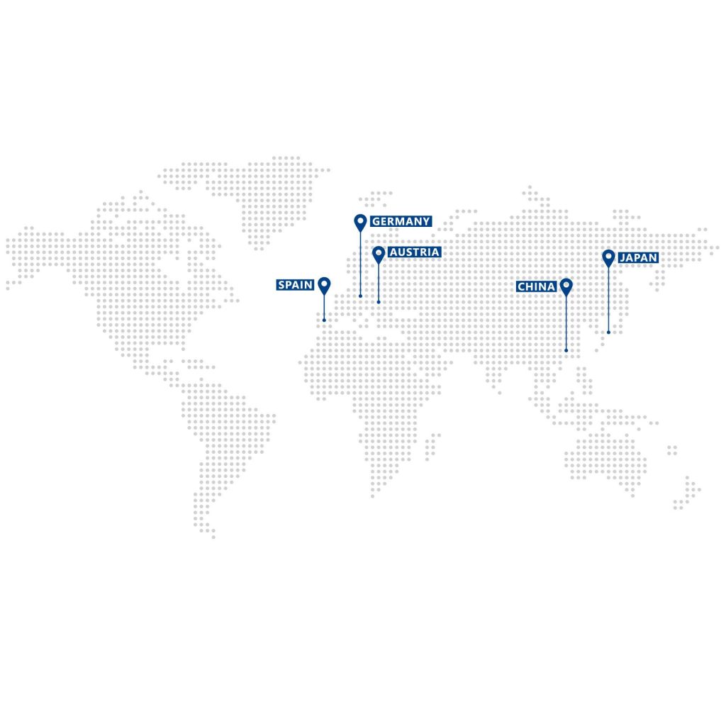 Weltkarte die Länder mit ITK Standorten in Deutschland, Sapnien, Österreich, China und Japan zeigt.