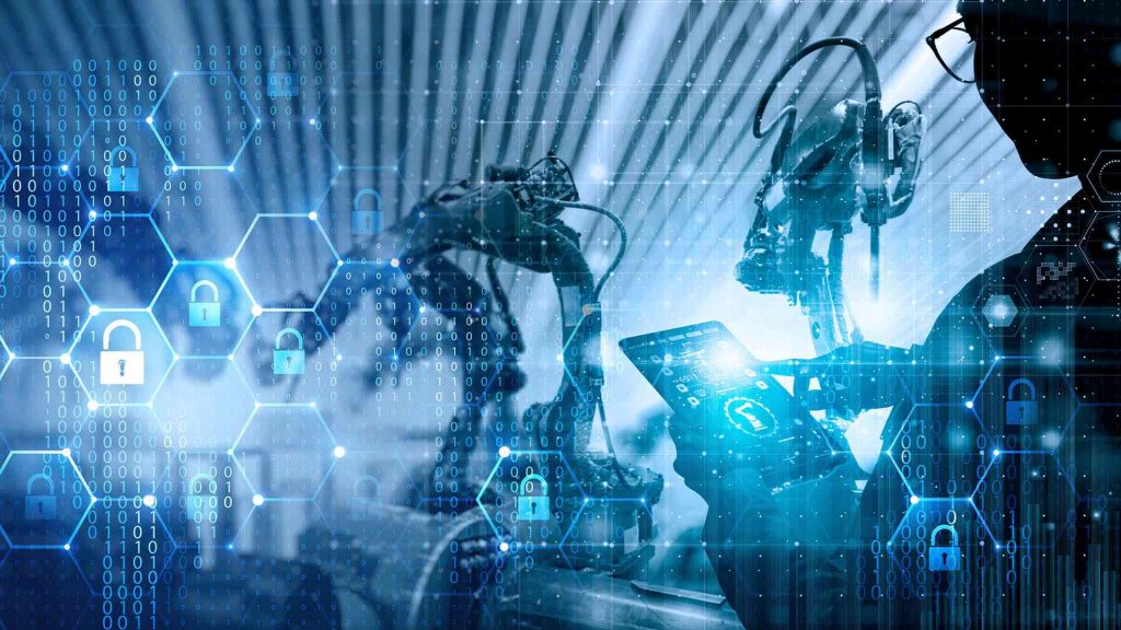 Fertigungsanlage mit Roboterarmen und Symbolen für Cybersicherheit im Vordergrund