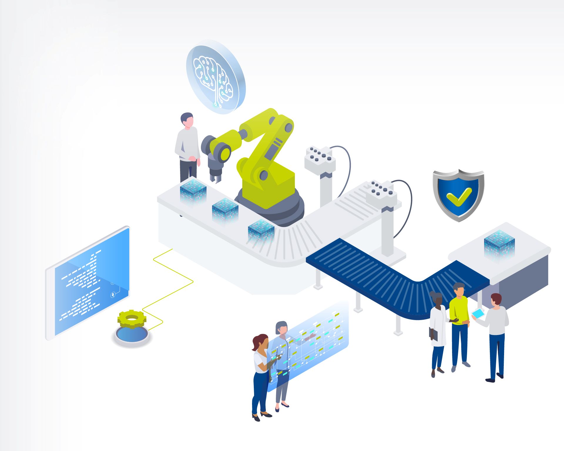 Illustration of a smart factory featuring robots, a production line, people, and screens for digital process tracking.