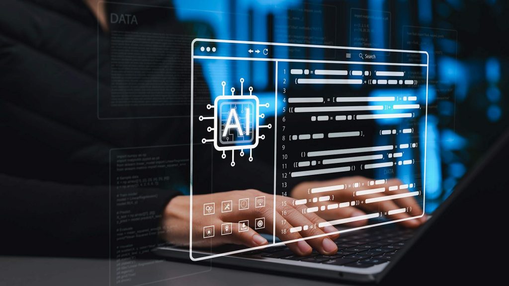 Hände auf einer Laptop-Tastatur mit AI-Icon und Blanko-Code im Vordergrund, um AI-Assisted Engineering zu symbolisieren. [KI-generiert]