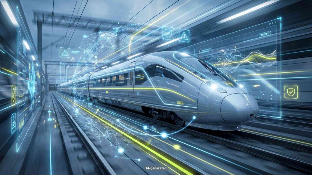 Schnellzug auf Gleisen mit Symbolen und Linien in blau und gelb im Vordergrund. [KI-generiert]