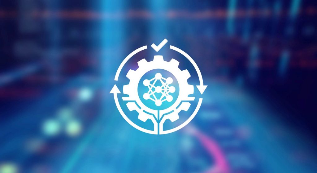 Icon für Digital Engineering mit Zahnrad, umgeben von Pfeilen und einem Haken sowie Vernetzungslinien in der Mitte.