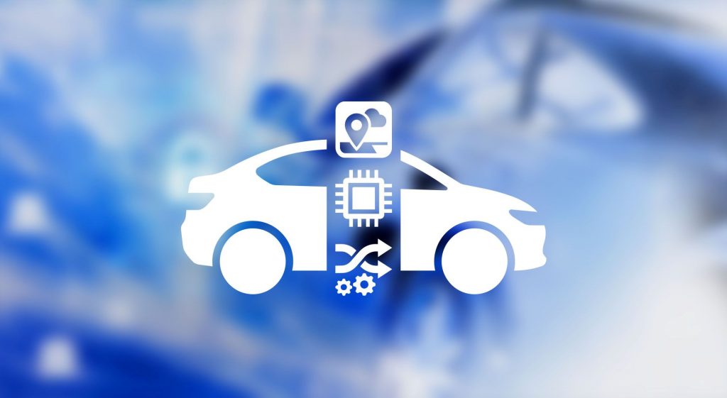 Icon eines Fahrzeugs, das mit einem Chip verbunden ist, symbolisiert die Integration von Software im Auto.