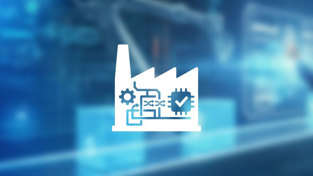 Icon mit Industriegebäude mit Zahnrädern und einem Häkchen, symbolisiert die Software Factory.