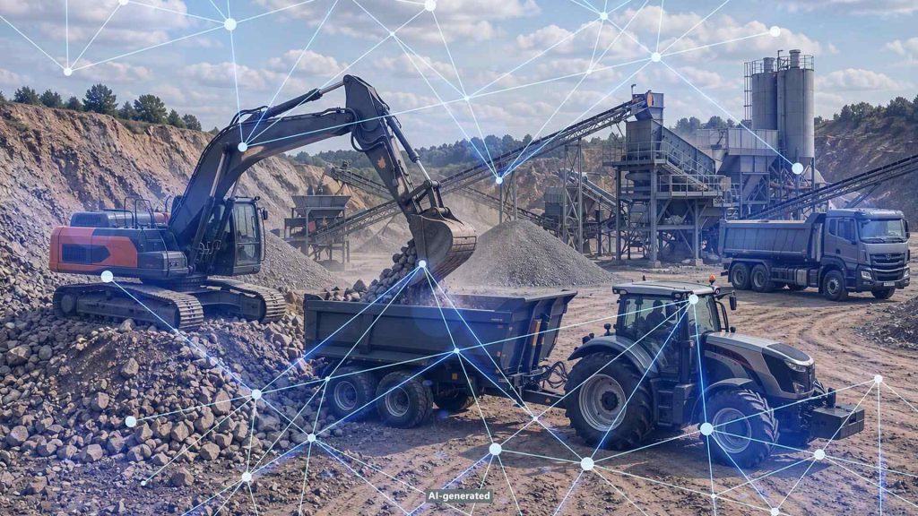 Diverse Off-Highway Vehicles - von Baumaschinen, über Lastfahrzeuge, Traktoren und stationäre Anlagen - sind in einem Steinbruch im Einsatz. Verbindungslinien symbolisieren die Vernetzung der Maschinen. [KI-generiert]