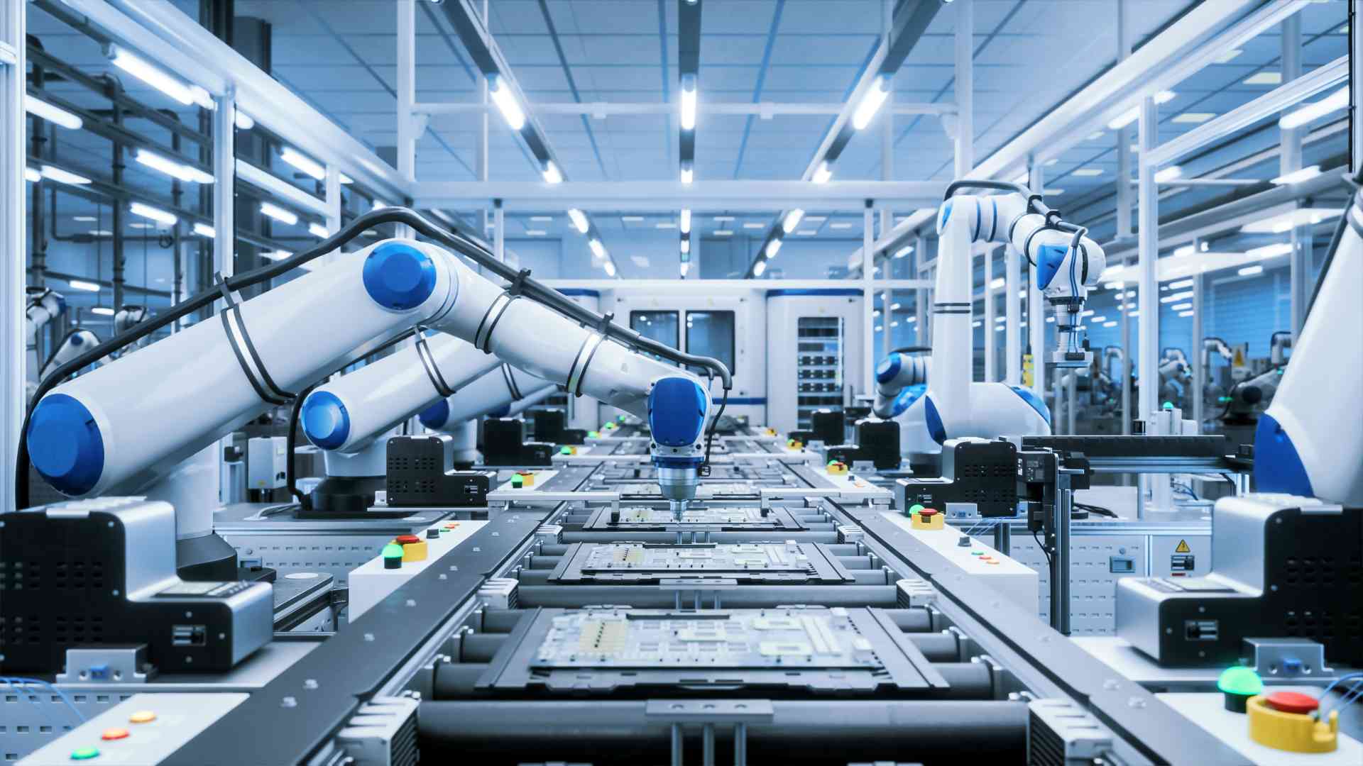 AI-controlled robotic arms assemble circuit boards on a modern production line