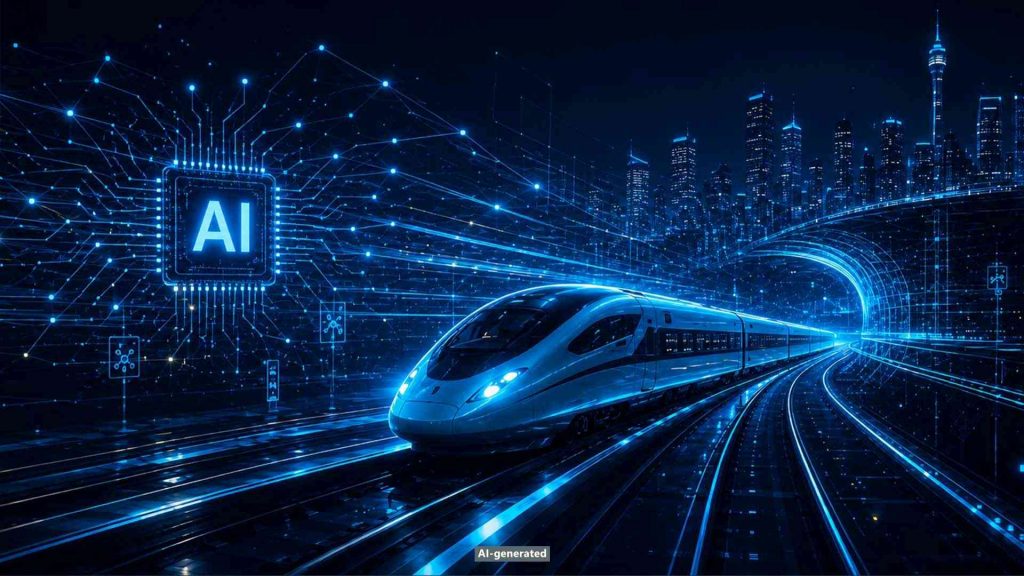 Express train with an AI icon and a skyline in the background, surrounded by connecting lines. [AI-generated]