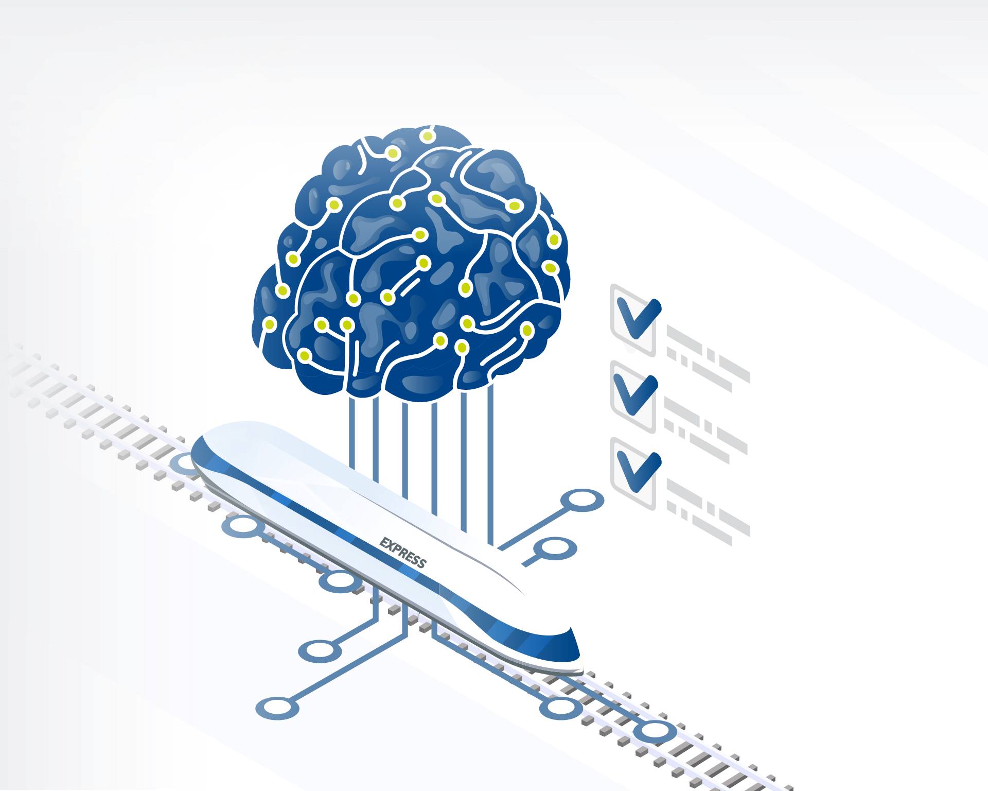 An illustration of an express train on the tracks, a brain representing AI, and a checked-off list for requirements engineering.