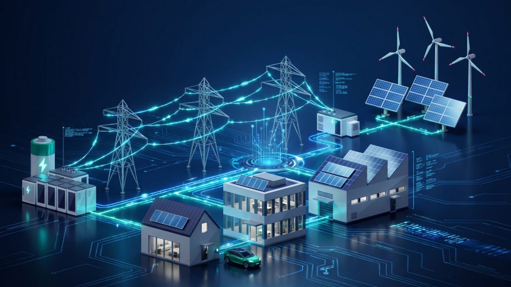 Visualisierung eines intelligenten Energienetzes mit Smart Grid, Batteriespeicher, Photovoltaik, Windenergie, Elektrofahrzeug und vernetzter Energieinfrastruktur.
