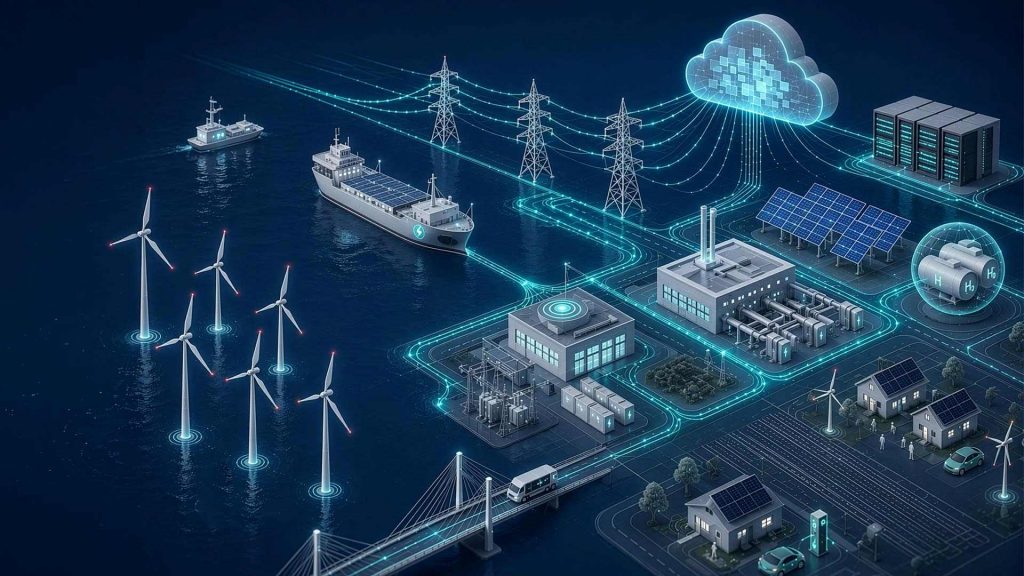 Vernetztes maritimes Ökosystem für nachhaltige Energieversorgung mit Offshore-Windparks, Wasserstofftechnologie, Schifffahrt und intelligenten Steuerungssystemen.