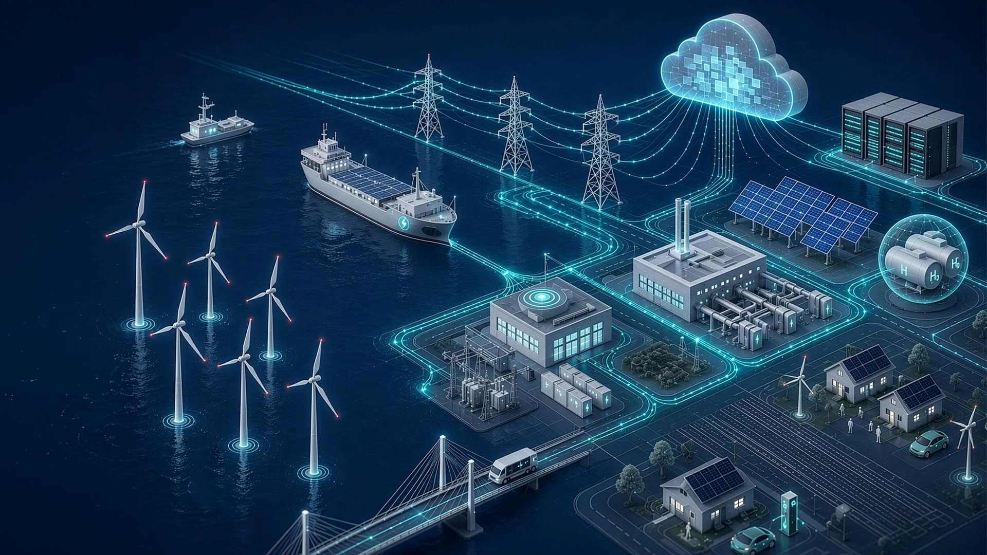 Vernetztes maritimes Ökosystem für nachhaltige Energieversorgung mit Offshore-Windparks, Wasserstofftechnologie, Schifffahrt und intelligenten Steuerungssystemen.