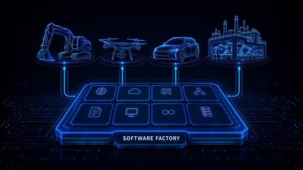 Darstellung einer innovativen Software Factory, die fortschrittliche Automatisierung und digitale Lösungen zeigt.