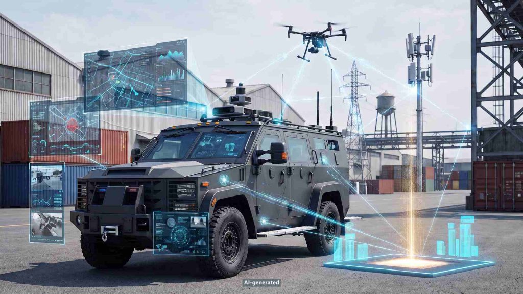 Ein militärisches Fahrzeug mit einer Drohne und digitalen Elementen zur Veranschaulichung von Software-defined Defense.
